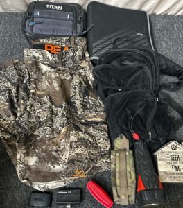 Hunting Pants, See Threw Bag, Flashlight, Folder, And More