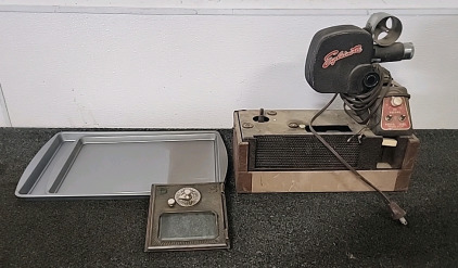 Vintage Explainette Projector,Vintage Postoffice Door With Combination, 2 Cookie Sheet Pans..