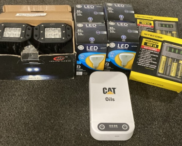 4- LED Light Bulbs, 2- Nitecore Intellicharger, NEW LED Driving Lights and CAT Oils Sanitizer Box