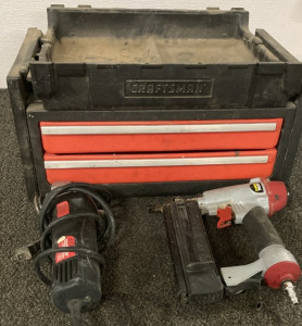 Craftsman Plastic Toolbox, Drill Master 4-1/2” Angle Grinder, & Central Pneumatic Air Nailer/ Stapler