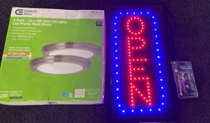 2 pack - 13 in LED Color Changing Low Profile Flush Mount,2- Body Building Resettable Combination Locks, & LED “Open” Sign