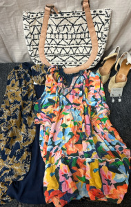 Floral Dress, Blue Cardigan, White And Black Purse, High Heels, And Earrings