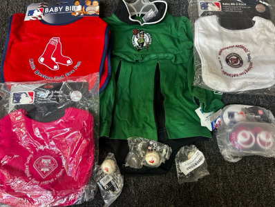 Boston Celtics Onsie For Baby, Red Sox’s Bib, Braves Bib, Phillies Bib, Binkies, And Mini Baseball Keychains