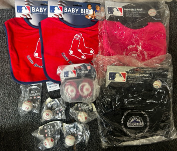 Baby MLB Bibs, Including- Red Soxs Colorado Rockies, And Phillies And Pacifiers, Mini Baseball Keychains