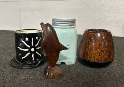 (3) Used Scentsy Warmers & Wooden Dolphin Carving