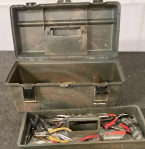 VINTAGE PLANO TOOL BOX WITH VARIETY OF HAND TOOLS.