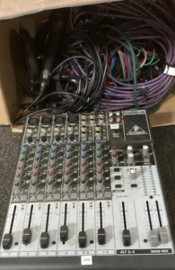 BEHRINGER XENYX 1204 MIXER, BOX FULL OF CORDS.