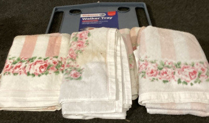 WALKER TRAY, 8 NICE FLORAL TOWELS.