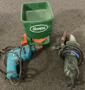 SOCTTS SEAD SPREADER, MAKITA CORDED DRILL, CORDED VINTAGE GRINDER.