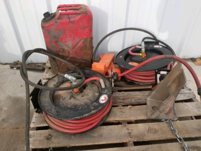 2) Air Compressor Hose Reels, Wheel Chocks, and (1) Steel Gas Can