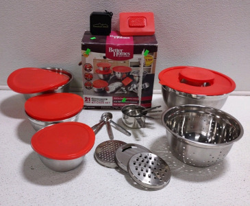 (1) Box of "Better Homes and Gardens" 21-Piece Stainless Steel Prep & Store Kitchen Set w/ (1) 3"x 3"x 1&frac14;" (Black) Tamarack Grove BT Speaker (SP)