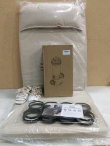 1) Chase Lounge Cushion 50" Beige, (1) Women's Lace Up Sandals Size 6, (1) Scarf Hanger, (1) Automatic Chlorinator (r4)