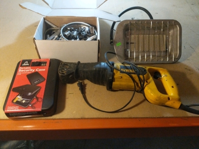 Machir Portable Security Case, Magnetic Pans With Tools, DeWalt Reciprocating Saw and Small Propane Heater