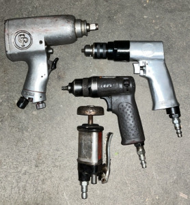 An Assortment of Pneumatic Tools (1) Black & Decker Professional Corded Anngle Grinder (2) Vices