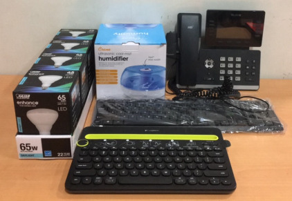 (1) Logitech Keyboard Model: K480 (1) Crane Ultrasonic Cool Mist Humidifier (4) Fiet Eletric 65 Watt LED Light Bulbs & More