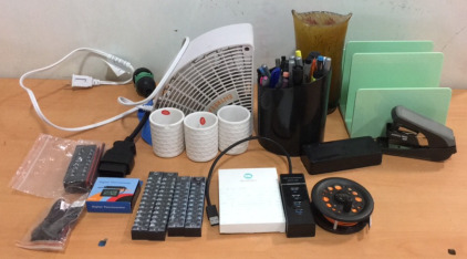 An Assortment of Office Utilities (1) Digital Thermometer (1) Entreeair Fan & Much More