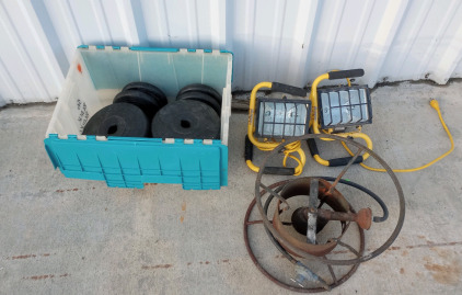(1) Box of 17 weights 10 And 5 Pounds (2) Shop Lights (1) Propane Outdoor Stove