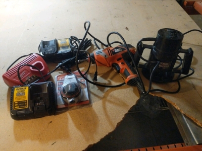 Tool Lot - (2) DeWalt Chargers (1) Milwaukee Charger (1) Lufkin Tape (1) Black Decker Drill (1) Black Decker Router and More