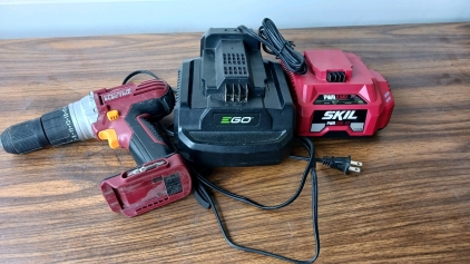 Chicago Electric Cordless Drill, EGo Battery Charger And Skil PWRCore40 Battery Charger