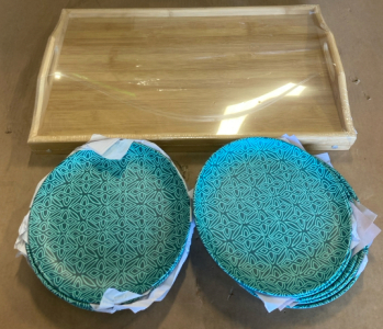 (1) Zen Wooden Serving Tray (12) Stylewell Malachite Trellis Salad Plates