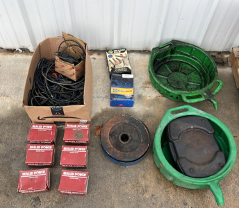 (2) Plastic Oil Pans (Green) (1) Napa Belden Engel Premium Spark Plug Wires (2) Napa Mileage Plus & More