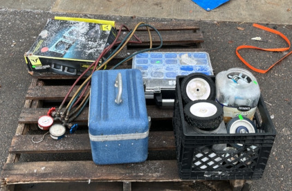 An Assortment of Casters (1) AC Manifold (1) Bully Brand Adjustable Side Steps & More
