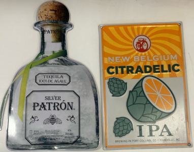 Silver Patron Metal Sign, And New Belgium Tradelic Metal Sign