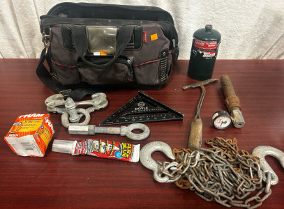 Stanley Tool Bag, Chain, Assorted Hardware And Tools