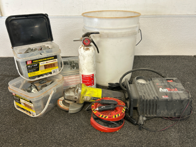 Ryobi Grinder, 12 Volt Air Compressor, Fire Extinguisher, Brackets and More
