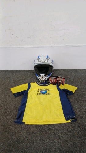 Size YL Youth Riding Helmet, Youth Shirt, and Gloves