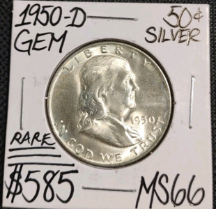 1950-D MS66 Rare Gem Silver Franklin Half Dollar Coin
