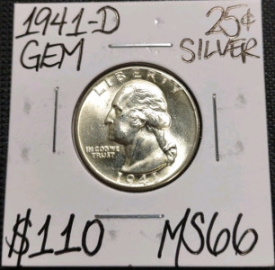 1941-D MS66 Gem Silver Washington Quarter Coin