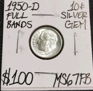 1950-D MS67FB Full Bands Gem Silver Dime Coin