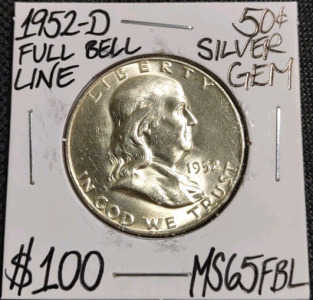 1952-D MS65FBL Full Bell Line Gem Franklin Half Dollar Coin