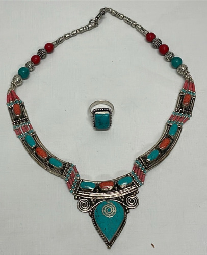 Blue Turquoise & Red Coral Gemstone Necklace, And Turquoise Ring Size 7-1/2