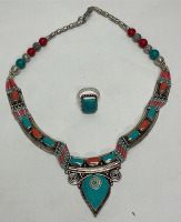 Blue Turquoise & Red Coral Gemstone Necklace, And Turquoise Ring Size 7-1/2