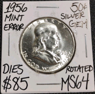 1956 MS64 Mint Error Franklin Silver Half Dollar Coin
