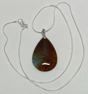 56.50ct. Natural Rainbow Dragon Veins Agate Teardrop Pendant W/ .925 Silver Necklace