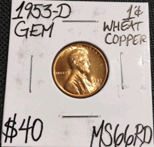 1953-D MS66RD Red Gem Wheat Copper Penny Coin