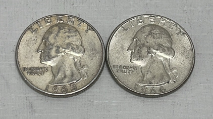 (2) Washington Silver Quarters Dated 1963 And 1964