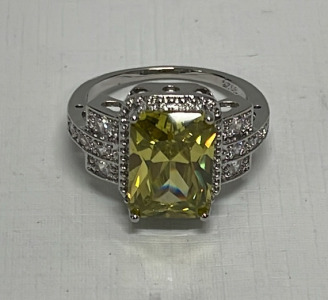 Yellow Citrine Emerald Cut And Faceted .925 Silver Ring Size 10