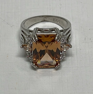 Emerald Cut And Faceted Peach Gemstone .925 Silver Ring Size 6