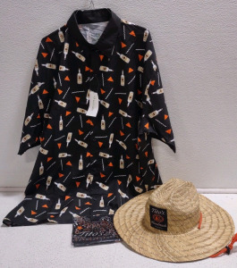 "Tito's Handmade Vodka" Button Up Dress Shirt 2XL w/ "Tito's Handmade Vodka" Straw String Jawstrap Hat & "Tito's Handmade Vodka" Bandana-New