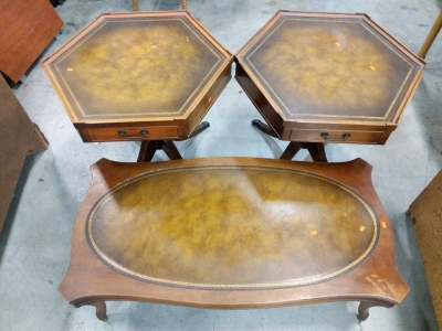 (3) Antique Wooden Tables w/ Leather Tops - (2) Hexagonal Side Tables (1) Oval Coffee Table