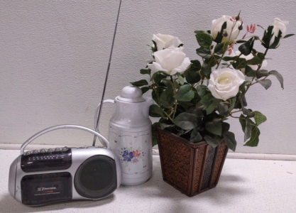 (1) Emerson Portable Radio Cassette Recorder-Works, (1) Display Tea Kettle, & (1) Planted Fake White Roses