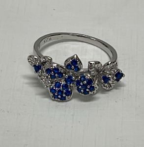 Pretty Blue Sapphire Flower .925 Silver Ring Size 9
