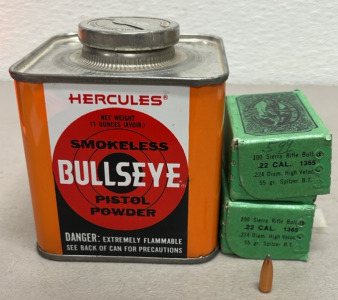 (150+) Sierra .22 Caliber .224 Diameter Bullets For Reloading, Hurcules Bullseye Smokeless Pistol Powder