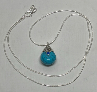 Blue Turquoise Ball And Tibetan Silver Pendant W/ .925 Silver Necklace