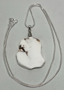 White Buffalo Turquoise Freeform Slice Pendant W/ .925 Silver Necklace