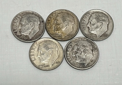 (5) Roosevelt Silver Dimes Dated 1949, 1954, 1957, 1960, And 1962